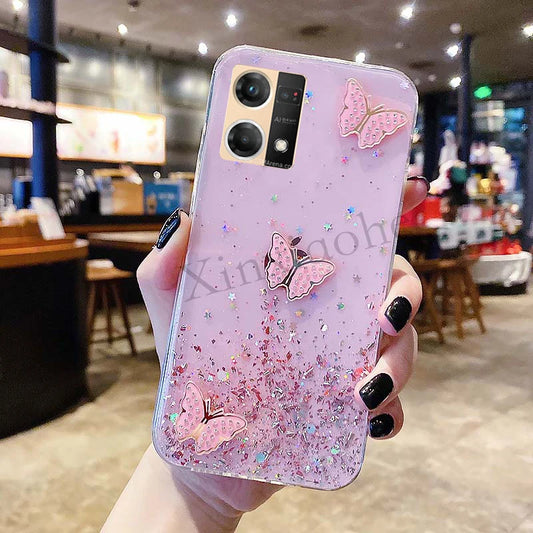 Phone case for OPPO Reno7 4G butterfly Soft Transparent Bling Glitter cover Reno 7 4G