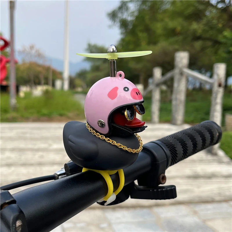 Duck Car Ornaments, Black Duck Car Dashboard Decorations Squeeze Duck Bicycle Horns with Propeller Helmet for Sport Outdoor
