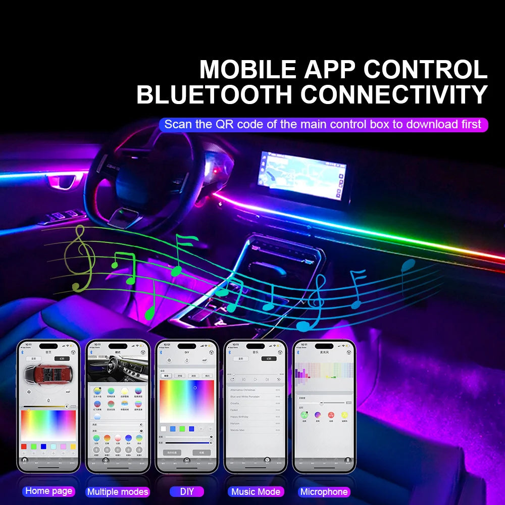 14/18/22 in 1 Car Atmosphere Light Symphony Rainbow RGB Neon 64 Colors App Bluetooth Interior Acrylic Ambient Lights Dual Zone