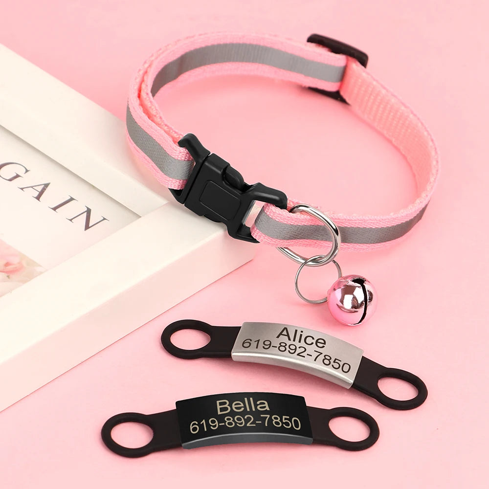Reflective Cat Collar Engraved Safe Cats Kitten Collars with Bell Puppy Pet Necklace Accessories for Cat Small Dog Chihuahua