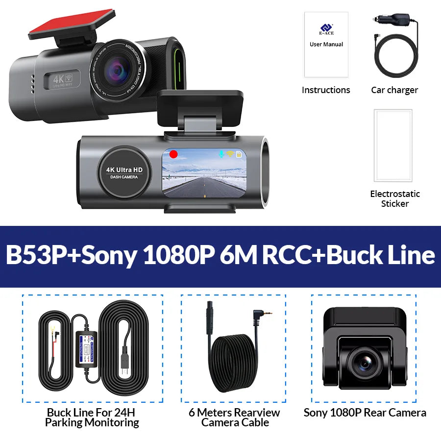 Dash Cam Car Camera Dual Lens 4K UHD Recording DVR Night Vision Video Recorder Built-In Wi-Fi Support GPS 24H Parking Car Camera