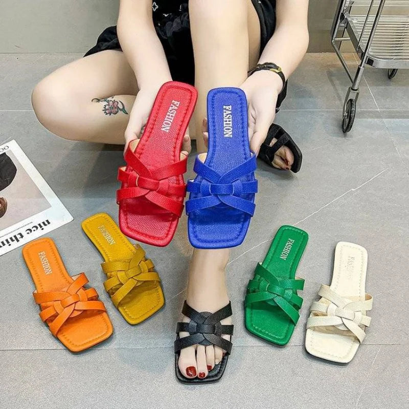 Retro Women Roman Summer Women Slippers Woven Design Flat Heels Squared Toe Soft Bottom Flip Flops Beach Ladies Slides Plus Size