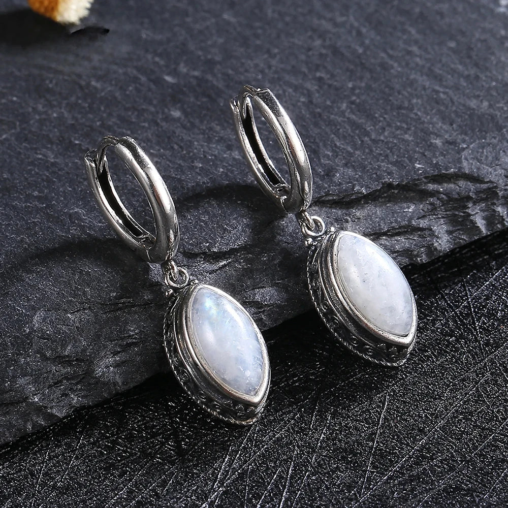 Natural Moonstone Pendant Earrings 925 Sterling Silver Jewelry for Women Fashion Retro Texture Wedding Party Accessories Gift