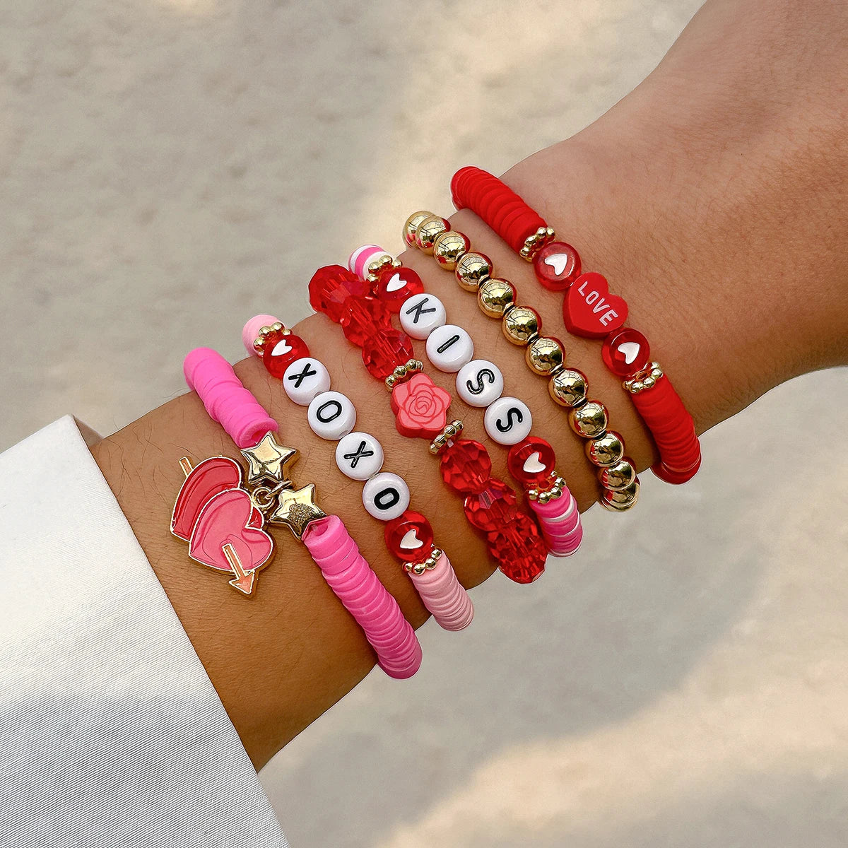Happy Valentine's Day Card Colorful Polymer Clay Soft Chain Bracelets for Women Kpop Two Heart Bangles Couple Friends Jewelry
