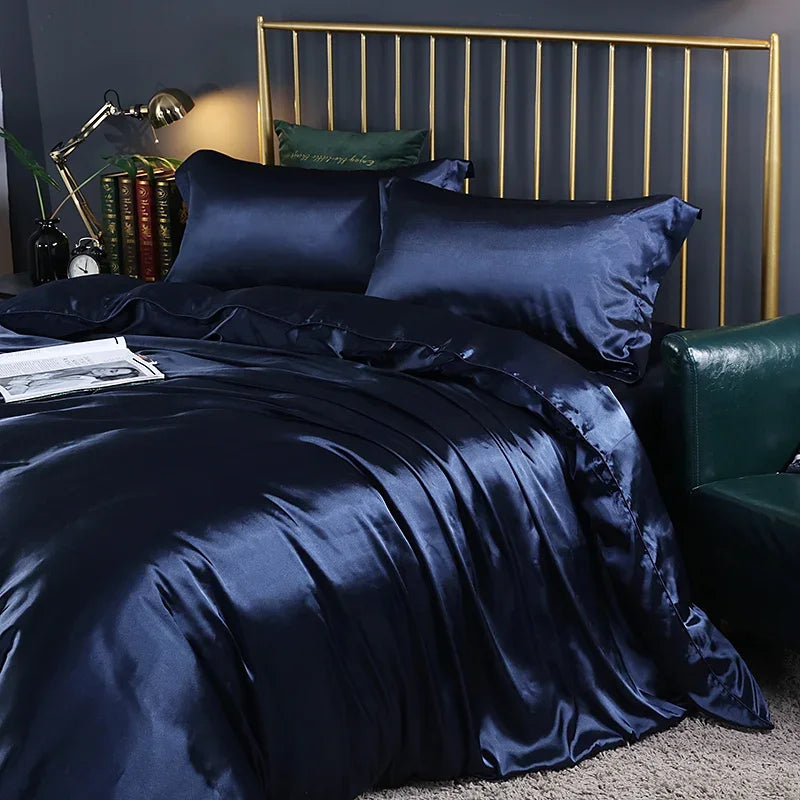 Silk Bedding Set with Duvet Cover Fitted/Flat Bed Sheet Pillowcase Luxury Satin Bedsheet Solid Color King Queen Twin Size