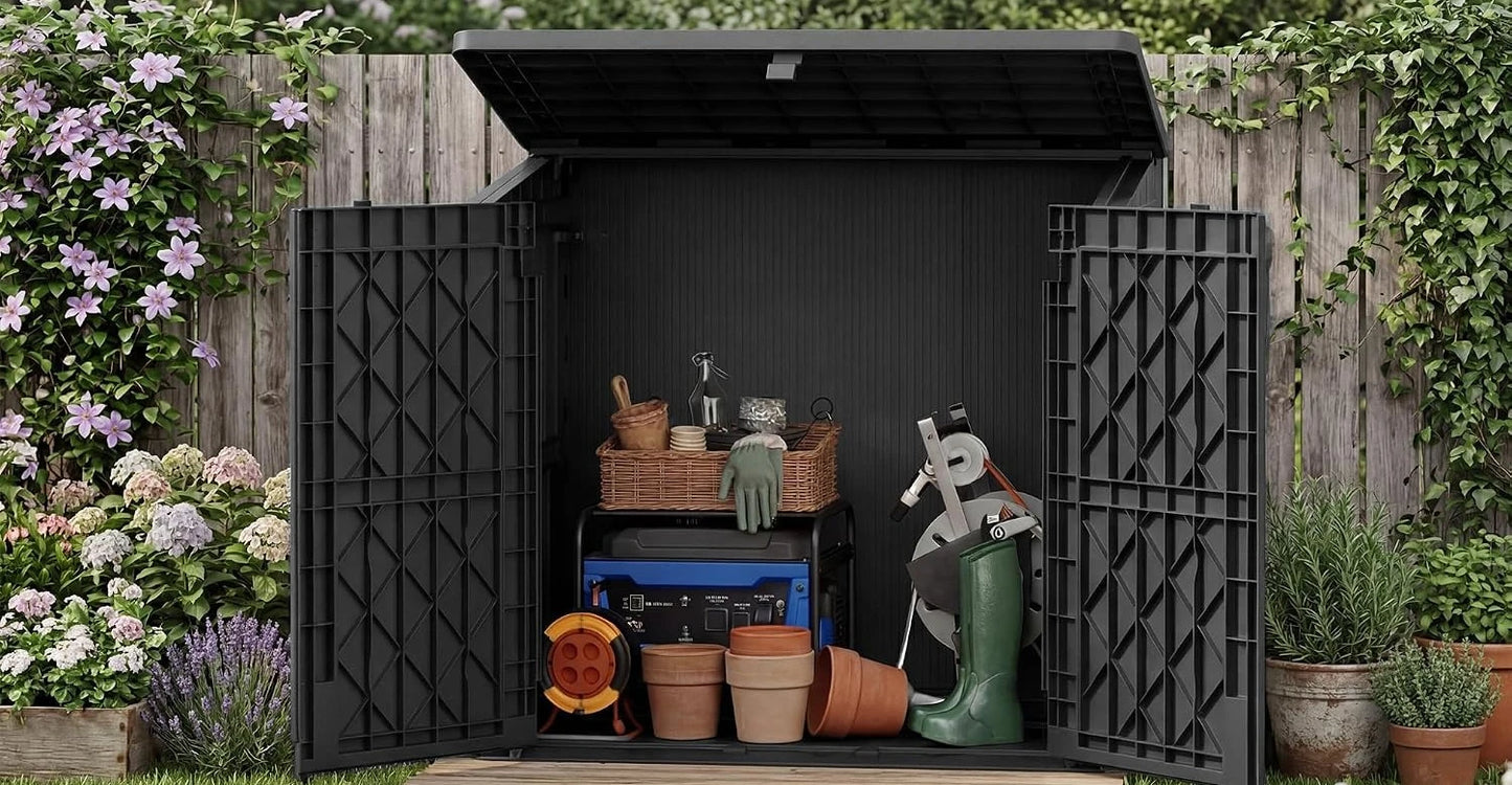 36 Cu Ft Horizontal Resin Outdoor Storage Cabinet, Portable Waterproof Shed Box with Lockable Doors for Backyards and Patios, Ashen