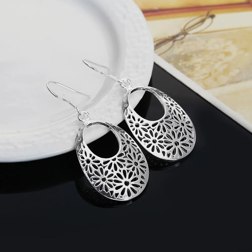 Grace 925 Sterling Silver Carved oval Earrings for Women Retro classic Jewelry fashion party wedding Holiday gifts