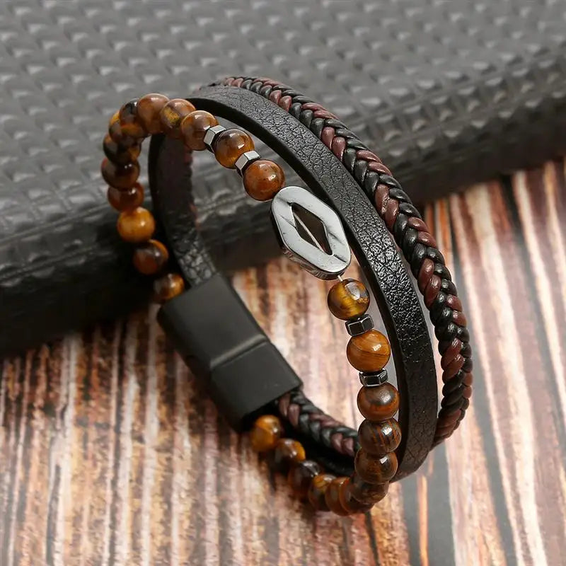 Fashion Braided Rope Woven Multilayer Leather Men Bracelets Punk Mental Magnet Bangle for Friend Charm Jewelry Gifts