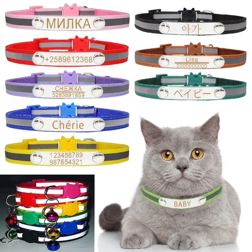 Reflective Cat Collar Custom Engraved ID Personalized with Bell Puppy Pet Breakaway Necklace Accessories Nameplate Collar