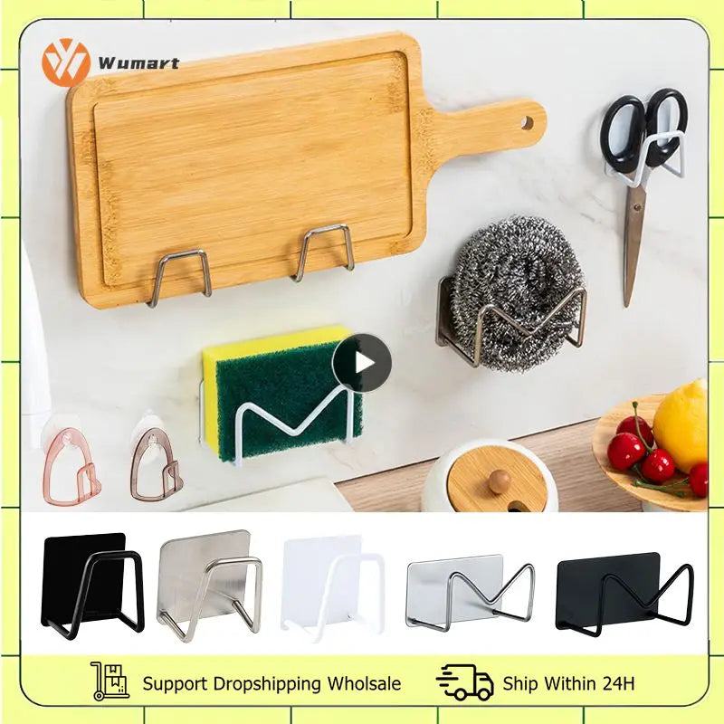 Kitchen Sink Sponges Rack Stainless Steel Drain Storage Shelf Self Adhesive Wire Ball Rag Holder Wall Brush Hooks Home Organizer