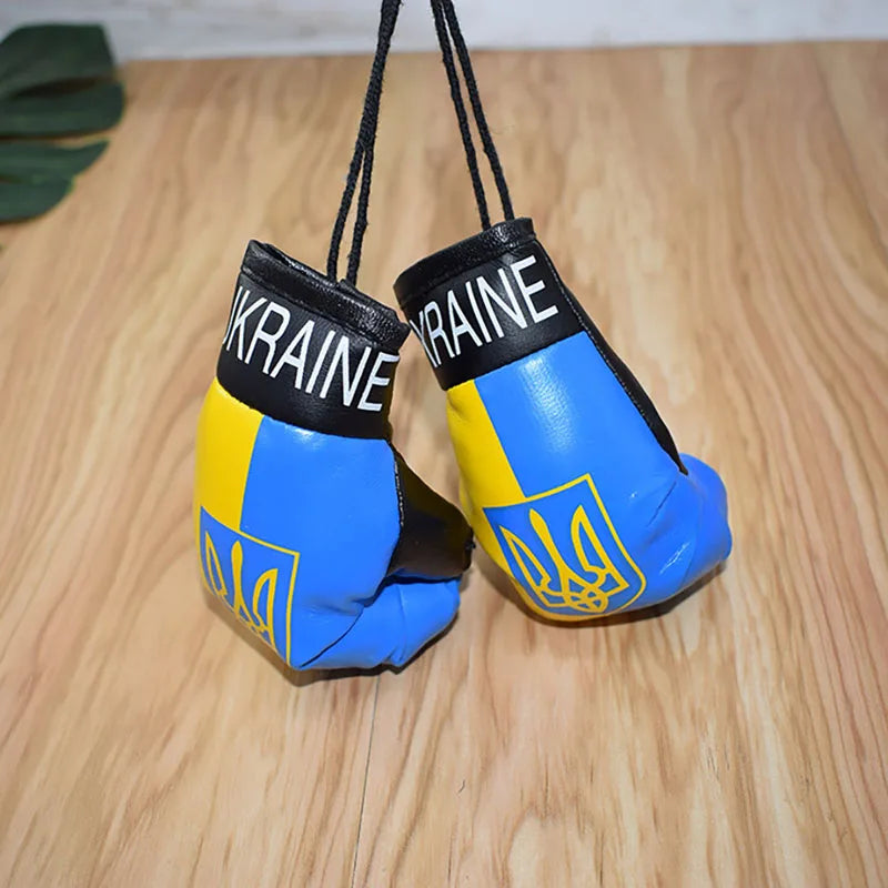 Car Accessories home Decoration 10cm PVC Ukraine National Flag Boxing Gloves Keychains Hanging Mirror Pendant Key Chains