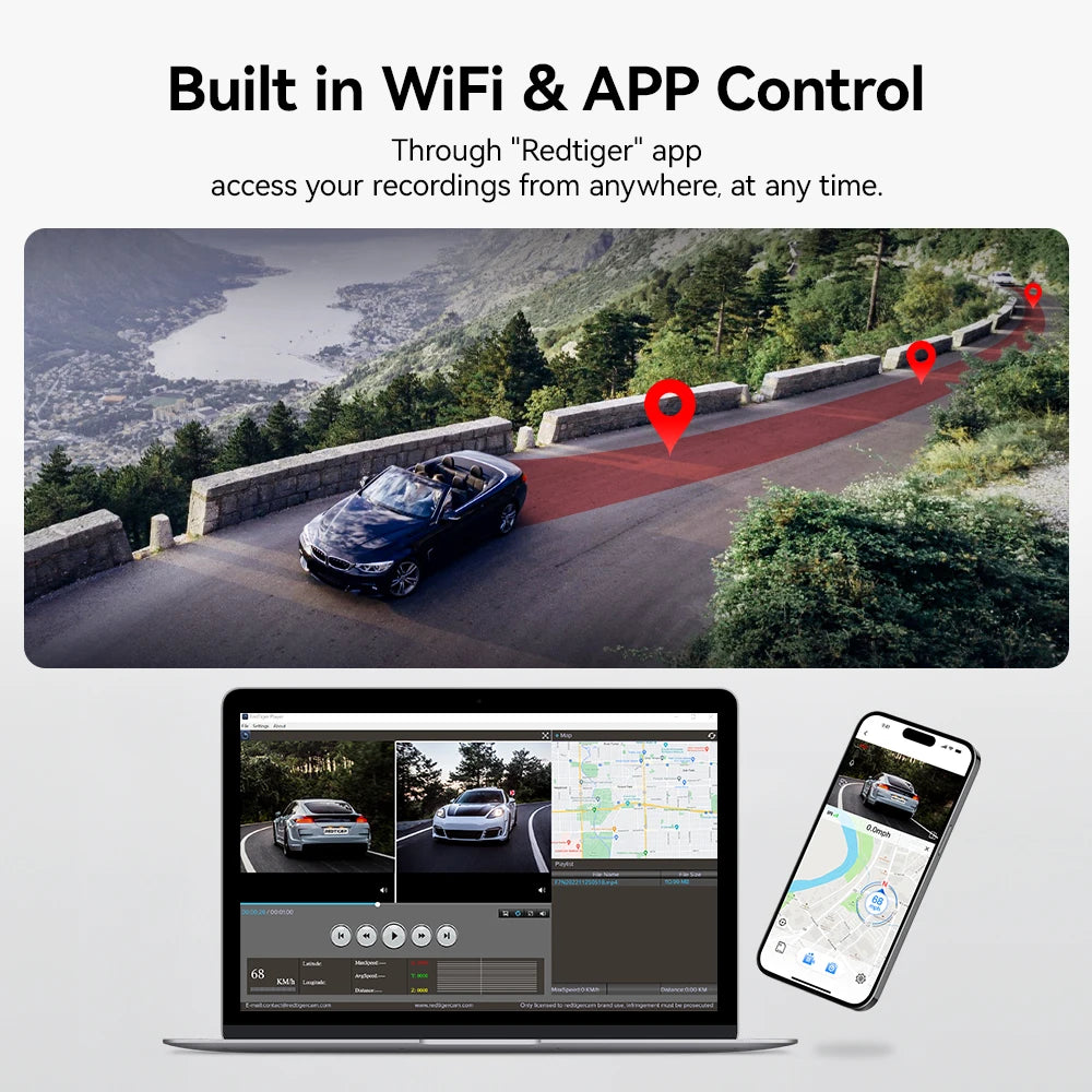 REDTIGER 4K Dash Camera Front and Rear WiFi Car Dvr Dual Car Camera  Easy To Install Car Camera Recorder Touched GPS