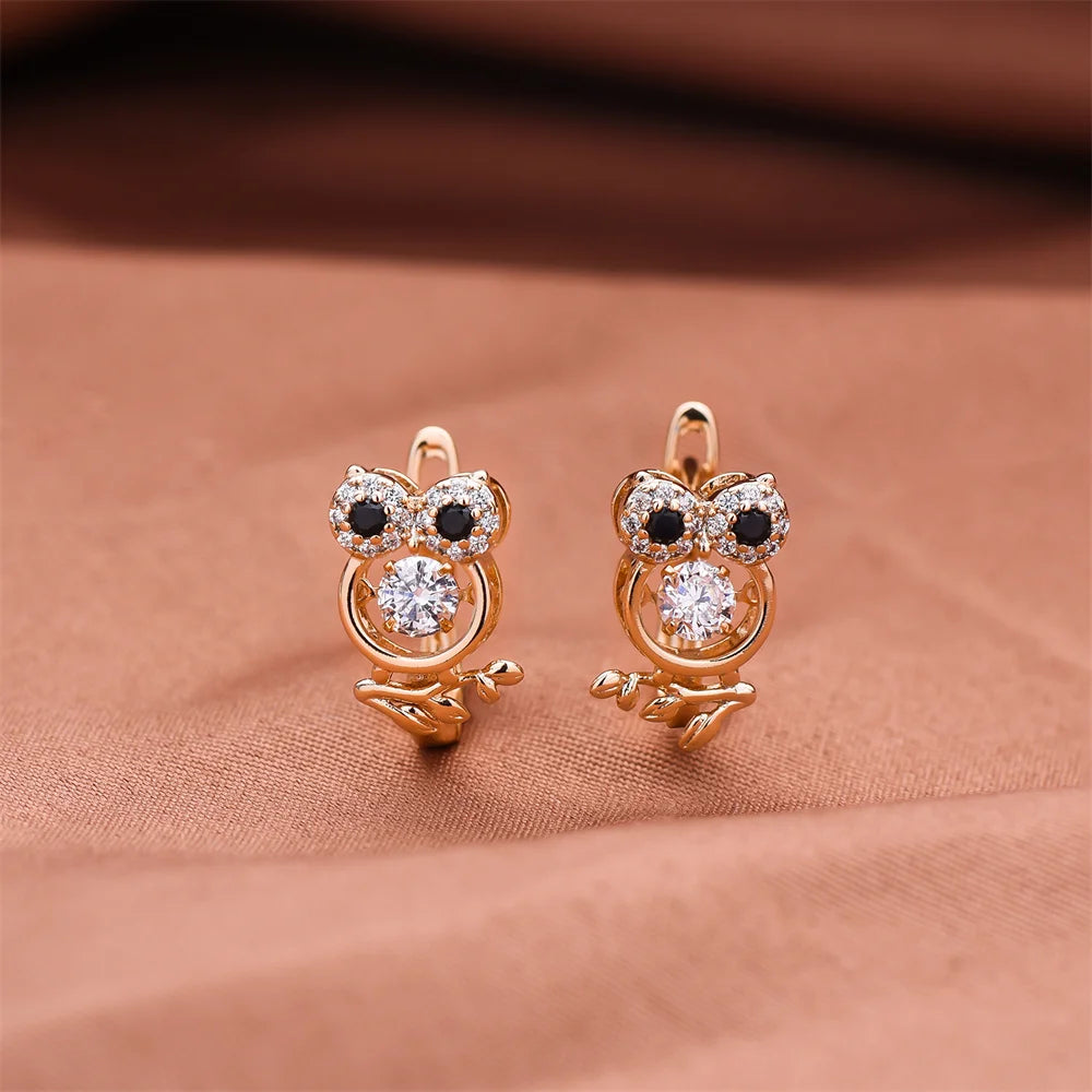 Creative Cute Owl Earring Inlaid Nature Zircon Exquisite 585 Rose Gold Color Animal Drop Earring Woman’ Jewelry