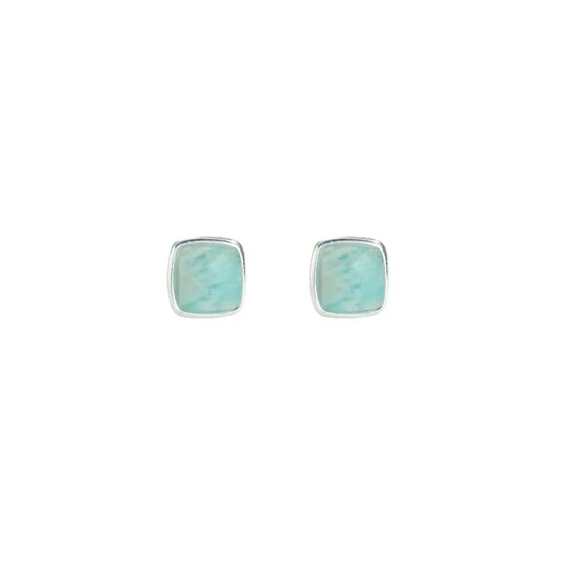 ITSMOS Amazonite Stud Earrings Square Bezel S925 Sterling Silver Earring Blue Green Natural Stone Jewelry for Women Girls