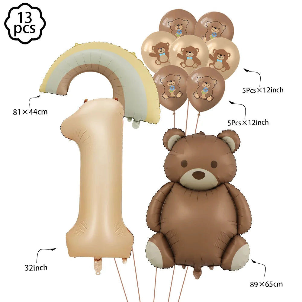 Coffee Brown Teddy Bear Balloon Number Heart Balloon set kid Birthday Party Decoration Baby Shower wedding Valentine's Day decor