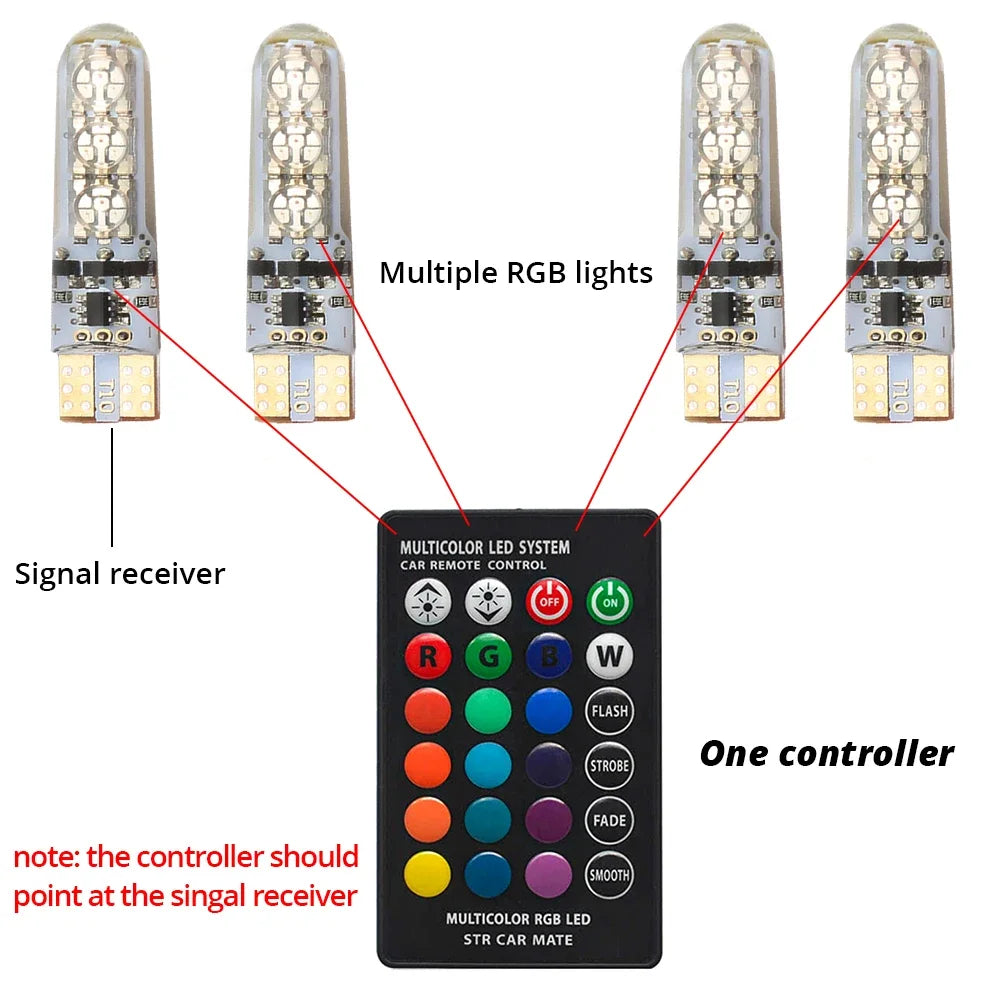 New T10 5050 6SMD DC 12V Waterproof W5W Remote Controller RGB 194 168 Dome Light Silicone Wedge Side Car Signal Atmosphere Bulb