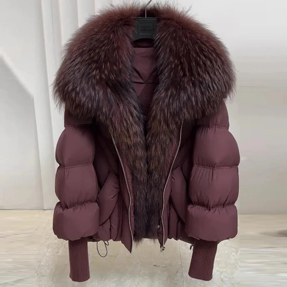 Puffer Coat Women Knit Sleeve Real Fur Coat New Winter Large Real Raccoon Fur White Duck Down Jacket Oversized Feather Parka