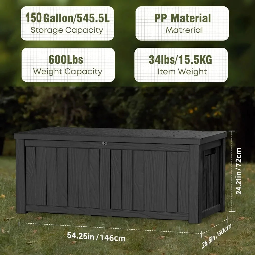 150 Gallon Waterproof Outdoor Storage Box, Lockable Deck Box for Patio Furniture, Garden Tools & Pool Accessories