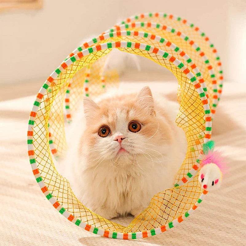 Folding Cat Tunnel S Shape Spring Type Cat Tunnel Toy With Plush Mouse And Feathers Spiral Tunnel Interactive Cat Toy