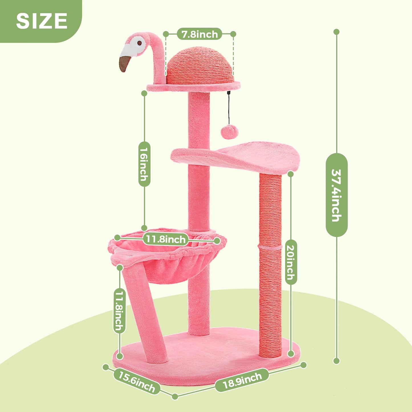 Flamingo Cat Tree Tower Multi-Level for Small to Medium Cats Pink Cat Tree with Scratching Posts Toy Hammock and Perch 37.4''