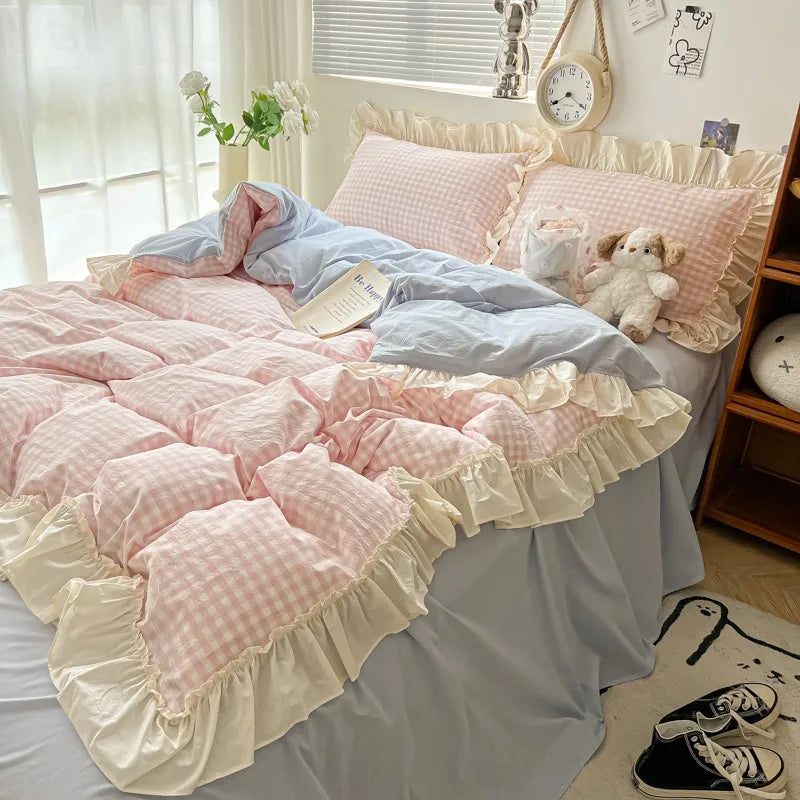 Ruffled Pink Blue Duvet Cover Set Twin Queen Washed Microfiber Ultra Soft Bedding set Grid Duvet Cover Bed Sheet 2 Pillowcases