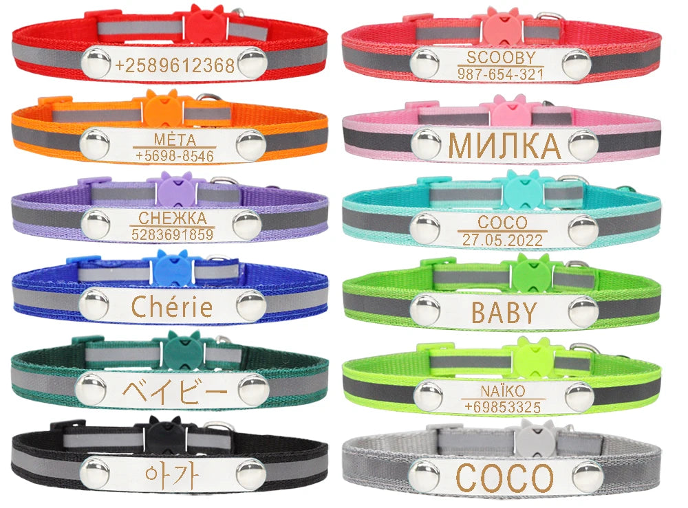Reflective Cat Collar Custom Engraved ID Personalized with Bell Puppy Pet Breakaway Necklace Accessories Nameplate Collar