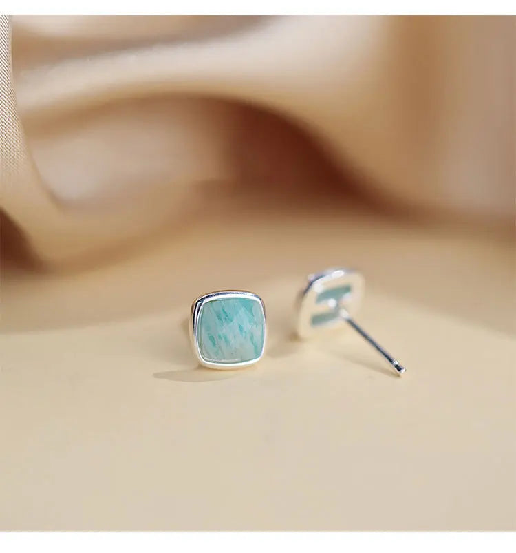 ITSMOS Amazonite Stud Earrings Square Bezel S925 Sterling Silver Earring Blue Green Natural Stone Jewelry for Women Girls