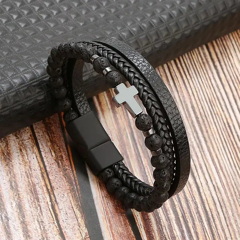 Fashion Braided Rope Woven Multilayer Leather Men Bracelets Punk Mental Magnet Bangle for Friend Charm Jewelry Gifts