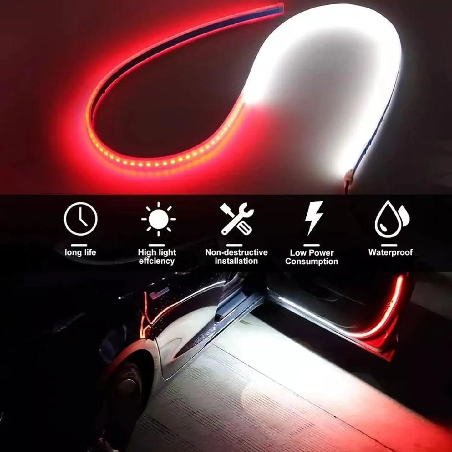 2pcs LED Car Door Opening Warning Atmosphere Light Strip 120cm Decoration Welcome Decor Ambient Lamp Safety Auto Accessories 12v