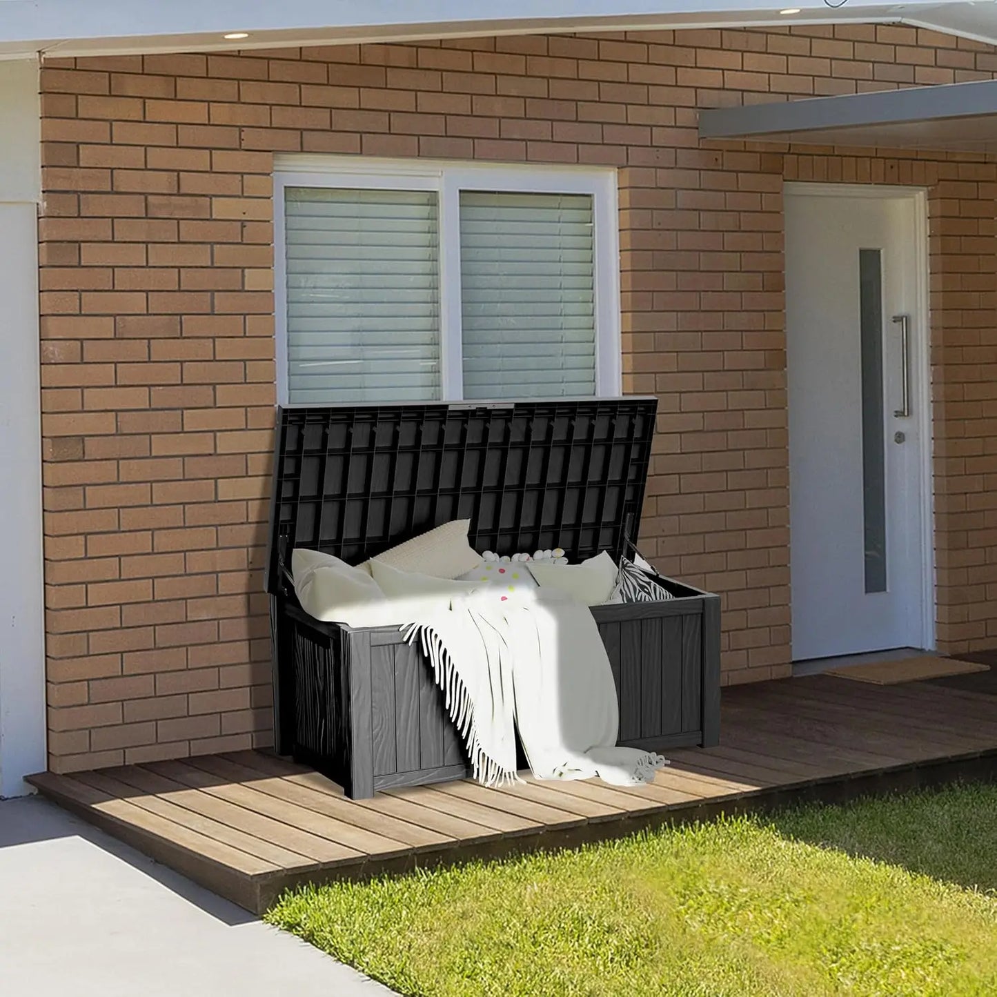 150 Gallon Lockable Resin Deck Box, Waterproof & UV-Resistant Outdoor Storage Box for Cushion