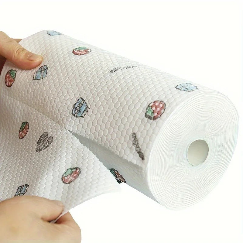 1roll 50pcs Disposable Kitchen Paper Towel, Random Pattern Reusable Washable Cloth for Dishwashing, Cleaning & Oil Absorption