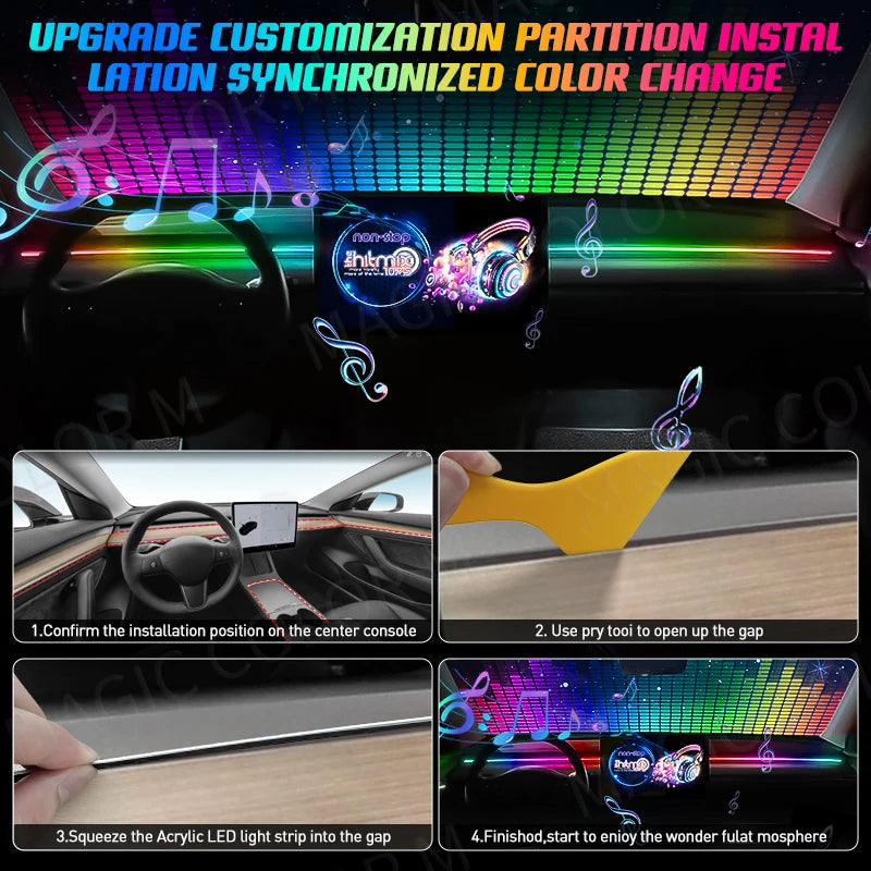 Vgetting 140 /55.1in Symphony LED Car Ambient Lights Universal 6 in 1 RGB Atmosphere Lamp USB APP Remote for Tesla Model 3 Y S X