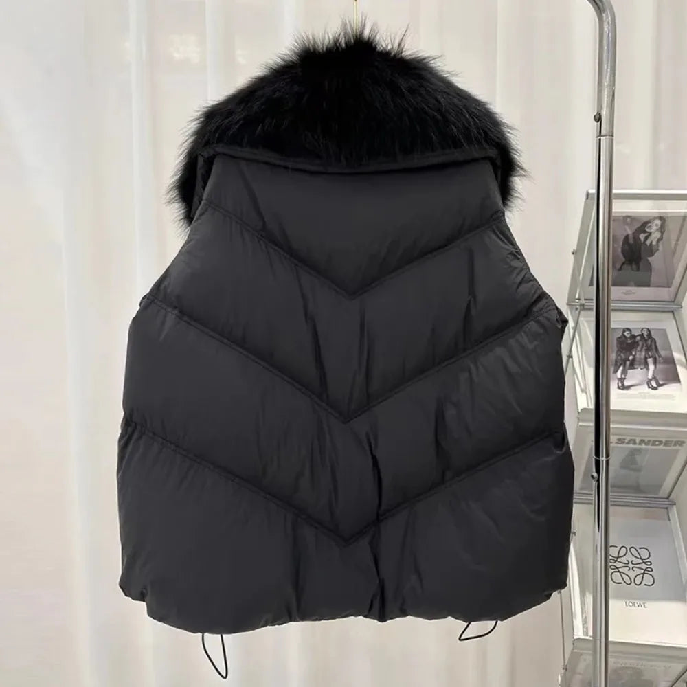 Puffer Coat Women Knit Sleeve Real Fur Coat New Winter Large Real Raccoon Fur White Duck Down Jacket Oversized Feather Parka