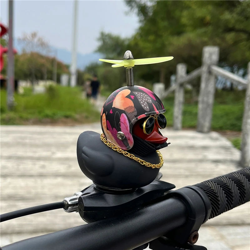 Duck Car Ornaments, Black Duck Car Dashboard Decorations Squeeze Duck Bicycle Horns with Propeller Helmet for Sport Outdoor