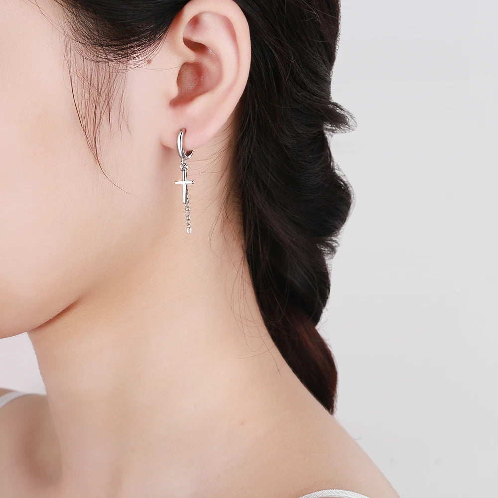 Wholesale S925 Sterling Silver Women Men Fashion Jewelry High Quality Cross Chain Long Tassel Simple Hoop Drop Earrings Gift