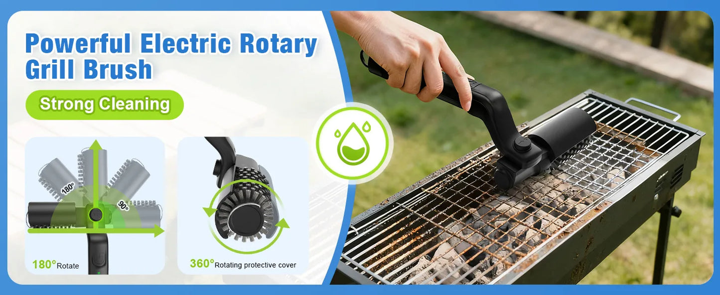 Electric Grill Brush 2600mAh Cordless Rechargeable 3-Speed & Angle Adjust Rotary Grill Cleaning Brush for Barbecue Grates