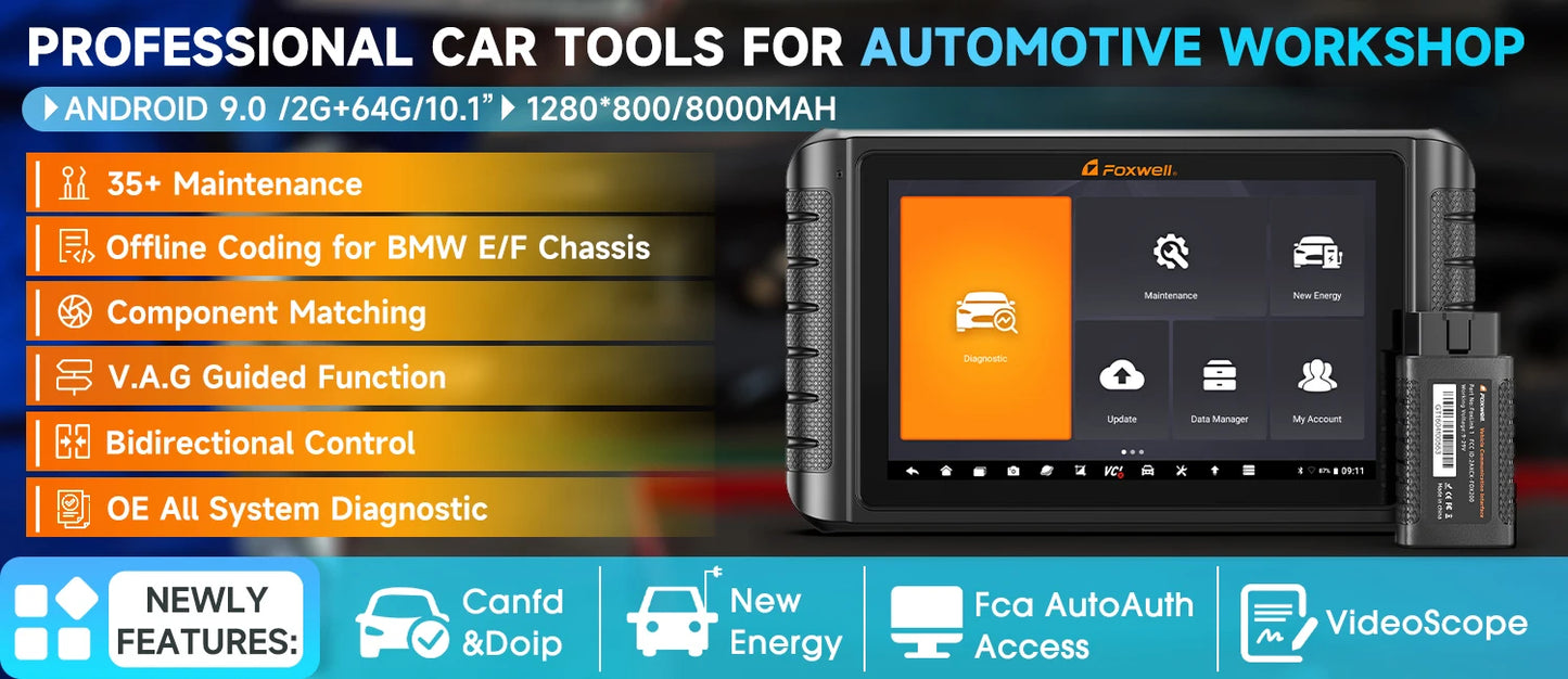 2025 FOXWELL Professional Car Scanner NT1009 Bidirectional Test Advanced ECU Coding 34+ Reset All System Diagnosis OBD2 Scanner