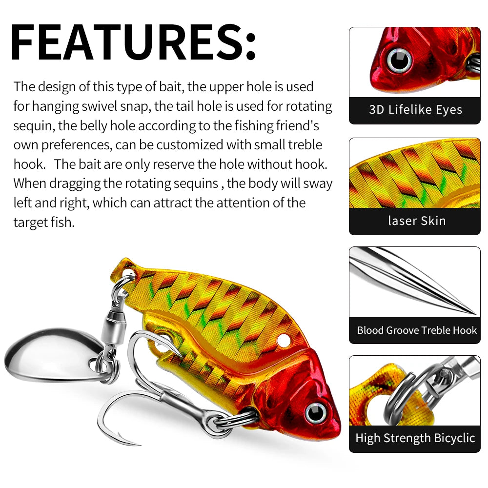 YUCONG 1PC Metal Spinnerbait 9g-12g Trolling Fishing Lure VIB Wobbler Sinking Spoon Swimbait With Sequin Rotating cebo duro Isca