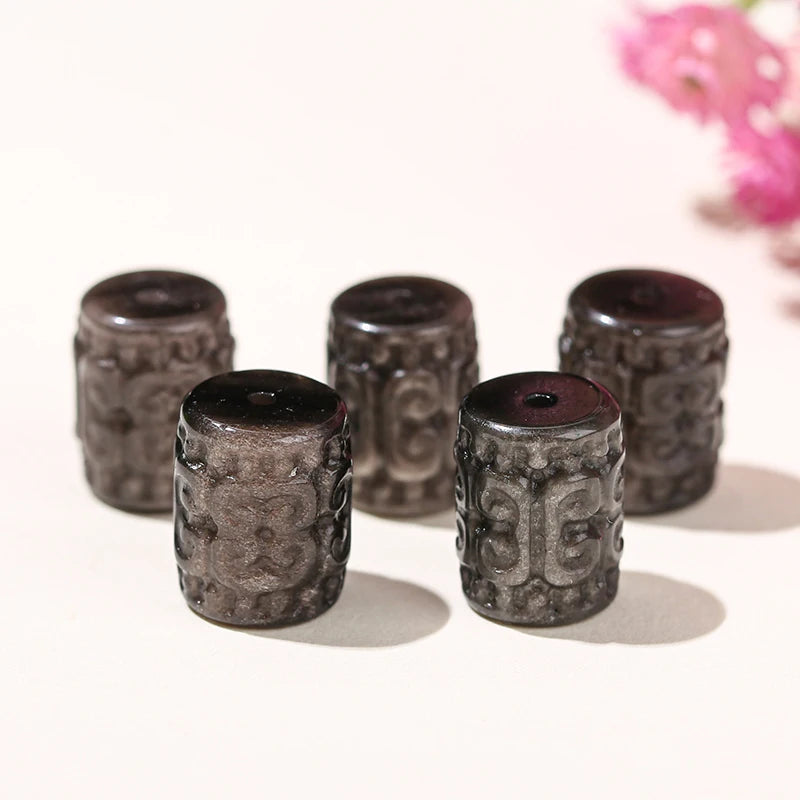 1 Pc Natural Silver Obsidian Carved Patterned Cylindrical Shape Bead For Jewelry Making Diy Necklace Bracelet Accessory Pendant