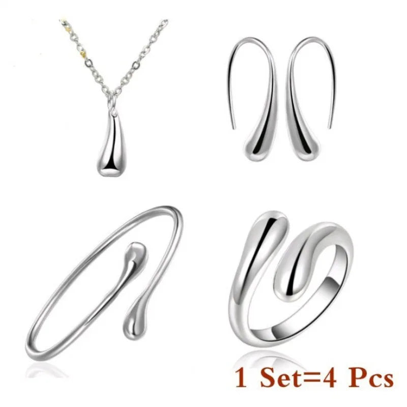 4Pcs Gold Color Water Drop Necklace Earrings Ring Bracelet Jewelry Set for Women Simple Fashion Women's Party Accessories Gifts