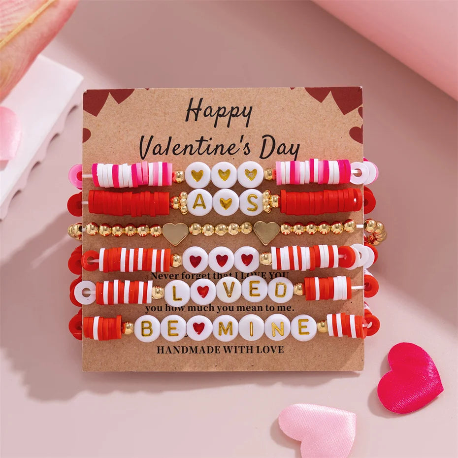 Happy Valentine's Day Card Colorful Polymer Clay Soft Chain Bracelets for Women Kpop Two Heart Bangles Couple Friends Jewelry