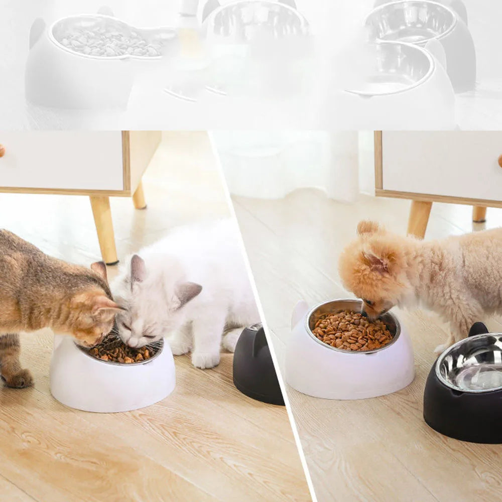 Cat Dog Bowls 15 Degrees Raised Stainless Steel Cat Bowl Safeguard Neck Puppy Pet Feeder Non-slip Crash Elevated Cat Food Bowl