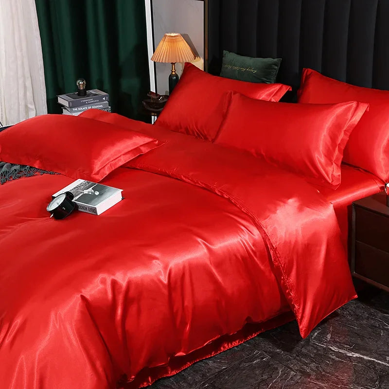 Silk Bedding Set with Duvet Cover Fitted/Flat Bed Sheet Pillowcase Luxury Satin Bedsheet Solid Color King Queen Twin Size