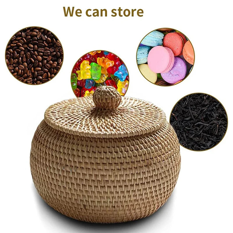 Wicker Storage Basket With Lid Round Fruit Basket Natural Rattan Lightweight Hand-Woven Storage Basket Home Sundries Snack Box