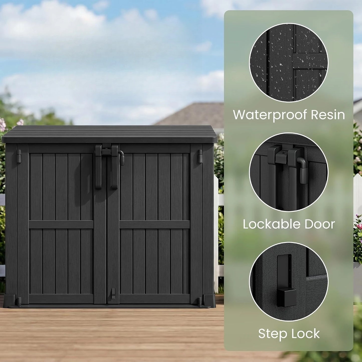 36 Cu Ft Horizontal Resin Outdoor Storage Cabinet, Portable Waterproof Shed Box with Lockable Doors for Backyards and Patios, Ashen