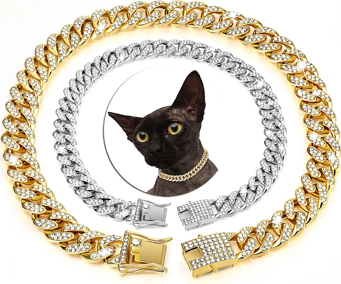 Luxury Gold Cat Necklace Jewelry Rhinestone Pet Cuban Chain Collar Kitten Doggie Wedding Prom Costume Accessories for Cats Puppy