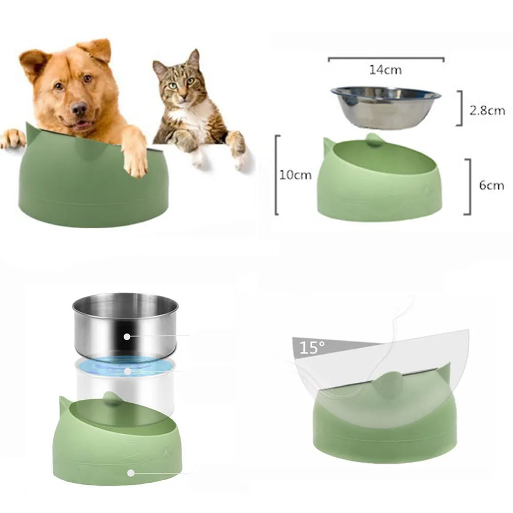 Cat Dog Bowls 15 Degrees Raised Stainless Steel Cat Bowl Safeguard Neck Puppy Pet Feeder Non-slip Crash Elevated Cat Food Bowl