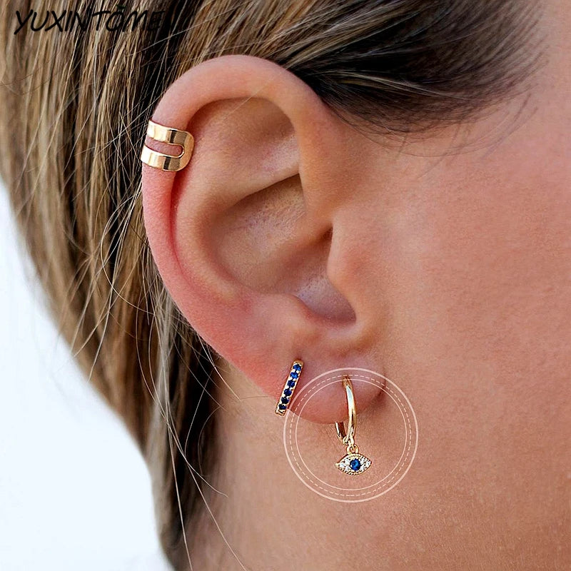 925 Sterling Silver Needle Blue Evil Eyering Hoop Earrings for Women Vintage Eyes 18K Gold Earrings Party Fashion Jewelry Gift