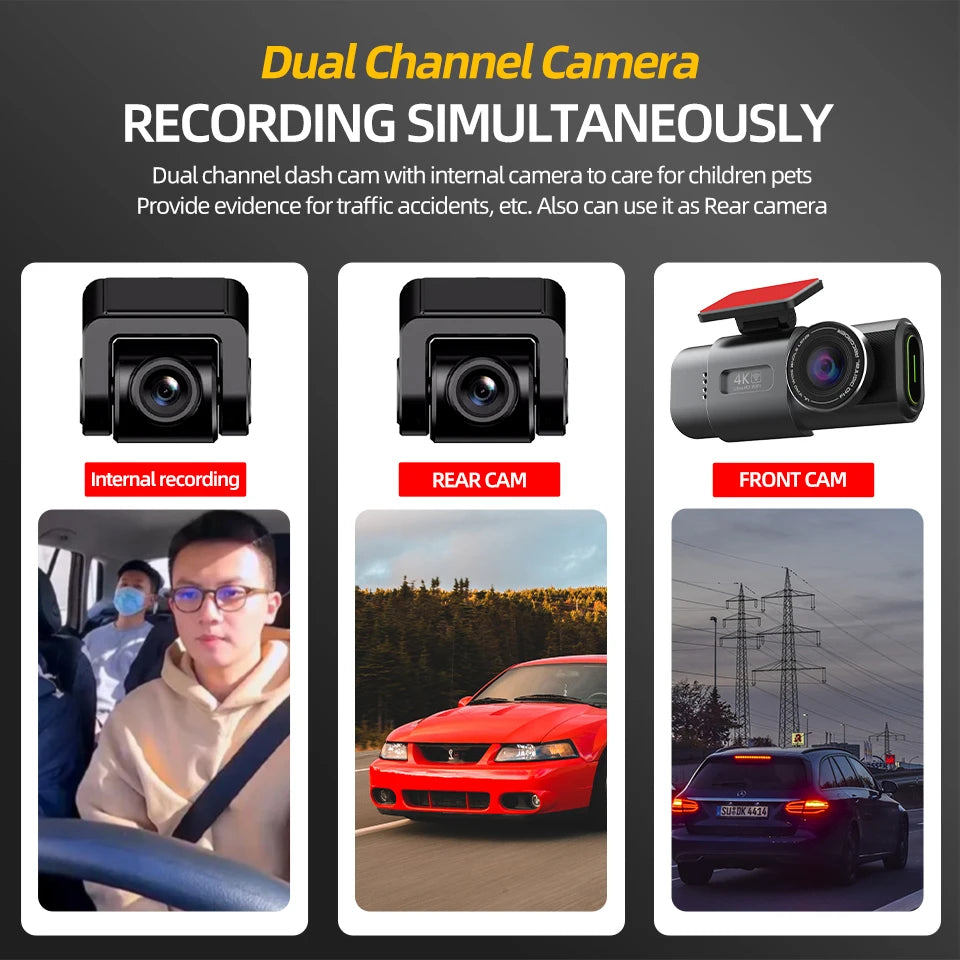 Dash Cam Car Camera Dual Lens 4K UHD Recording DVR Night Vision Video Recorder Built-In Wi-Fi Support GPS 24H Parking Car Camera
