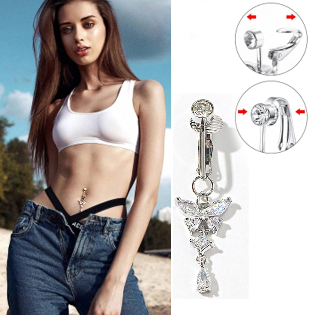 Fake Belly Butterfly Crystals Long Dangle Belly Button Rings Surgical Steel Navel Piercing Clip Umbilical Belly Body Jewelry